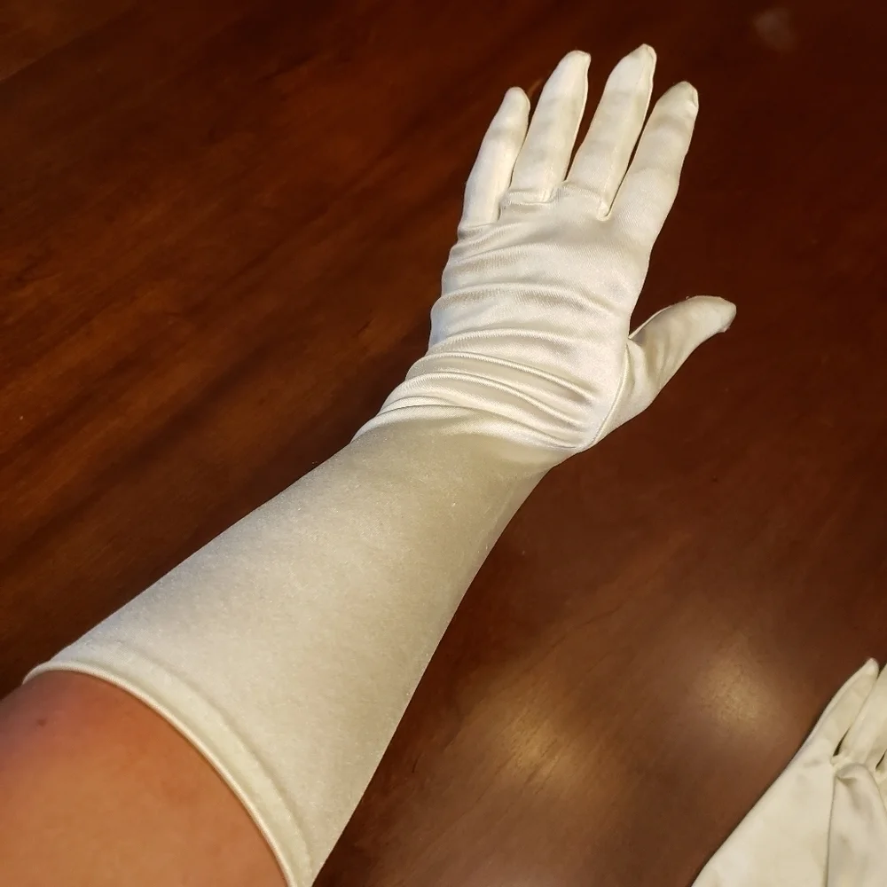 Champagne Satin Finish Stretch Opera Length Wedding Gloves GUC